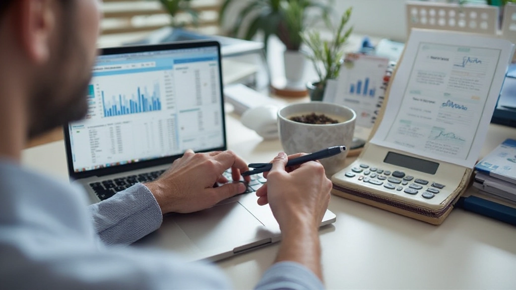 Pessoa revisando extracto bancário e documentos financeiros pessoais numa mesa organizada