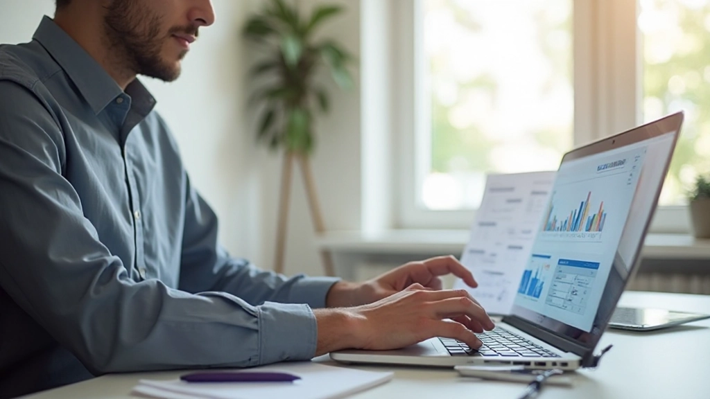 Jovem adulto concentrado analisando gráficos financeiros e relatórios em computador portátil moderno, ambiente de trabalho limpo e profissional