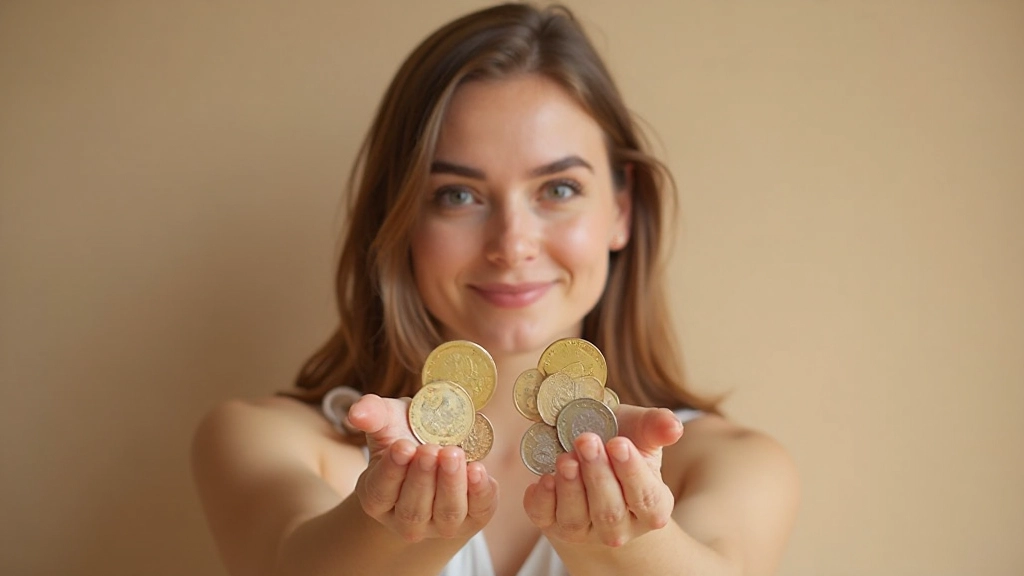 Mulher jovem com expressão determinada segurando moedas de euro, simbolizando controle financeiro e empoderamento